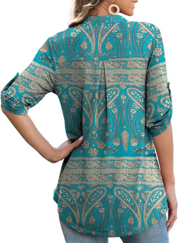 Vista 3 de Othyroce - Blusa estilo túnica con estampado floral para mujer, manga 34 enrollable, cuello en V