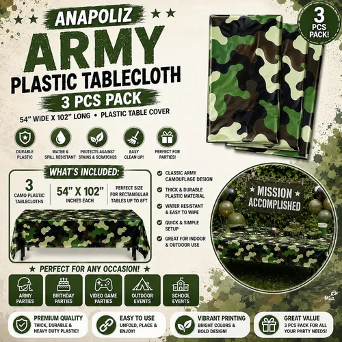 Vista 2 de AnapoliZ Mantel de plástico militar Paquete de 3 piezas (54 pulgadas de ancho x 102 pulgadas de largo) Mantel rectangular de camuflaje
