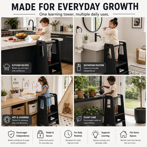 Vista 4 de Taburete de cocina para niños pequeños, ayudante de pie de madera ajustable de 3 niveles con barandilla, taburete de cocina para niños para cocinar