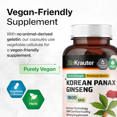 Vista 6 de BIO KRAUTER® Suplemento de ginseng para energía, concentración, rendimiento y apoyo inmunológico, ginseng rojo coreano vegano puro, 1600 mg por