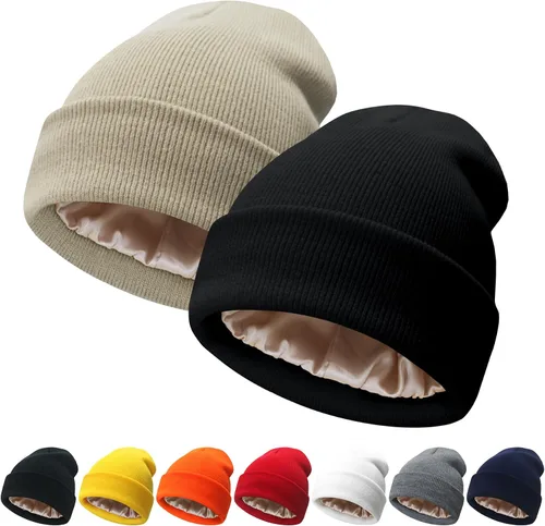Vista 22 de NPQQUAN 2 PCS Satin Lined Beanie for Women Silk Lined Beanies Winter Warm Soft Lining Cuffed Knit Beanie Hats for Women