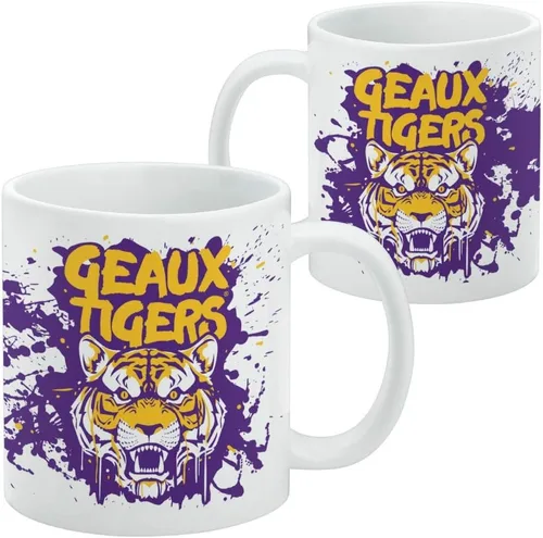 Vista 2 de Geaux Tigers Graffiti - Taza de café de cerámica, novedosa taza de regalo para café, té y bebidas calientes, 11 onzas, color blanco