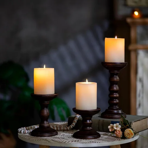 Vista 6 de Romadedi - Portavelas de madera para pilar, marrón oscuro, juego de 3 Portavelas rústico vintage, decoración de soporte de vela de granja