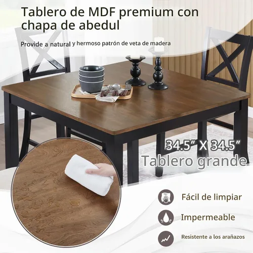 Vista 3 de Juego de mesa de comedor de 5 piezas para 4, juego de mesa de comedor cuadrada de madera maciza, juego de mesa de cocina con mesa cuadrada y 4