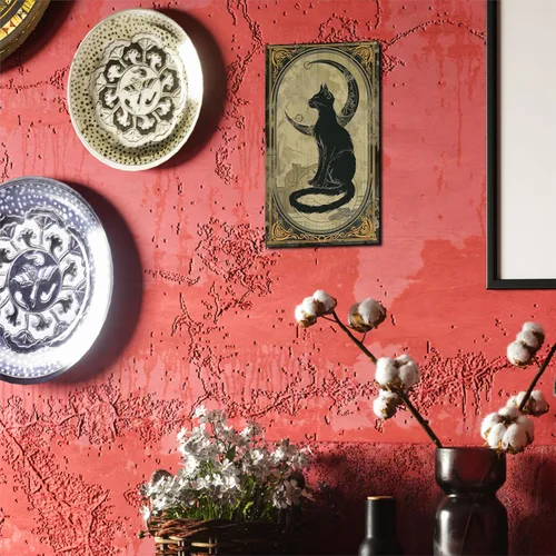 Vista 4 de Letrero colgante retro de Halloween en madera, arte de pared gótico de gato negro y luna con 2 ganchos en la parte posterior, obra de arte