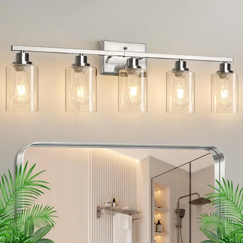 Vista 16 de Ascher Apliques de pared de 2 luces, moderna lámpara de tocador con pantalla de vidrio transparente, lámpara de pared de níquel cepillado