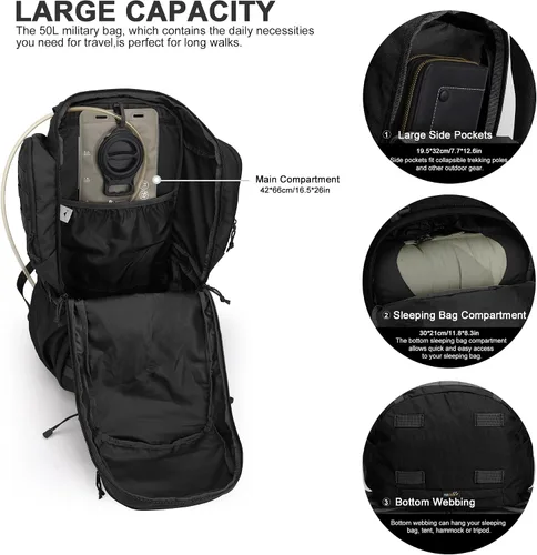 Vista 4 de Mardingtop Mochila de marco interno de 50L, Negro, Táctica