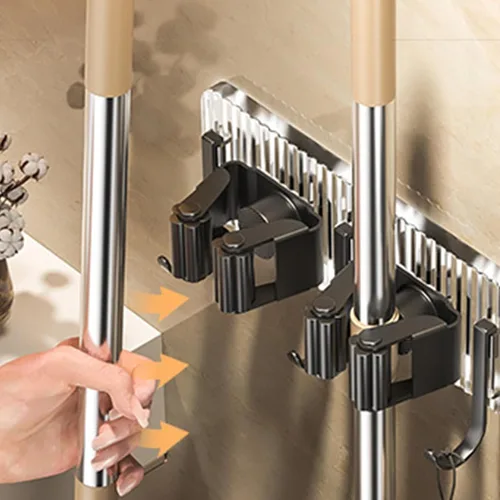 Vista 6 de Soporte para escoba de fregona, soporte de pared para escoba de madera, estantes de acero inoxidable, organización de metal para montaje en pared