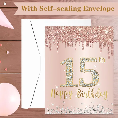 Vista 4 de Tarjeta grande de cumpleaños de 15 años con sobre, tarjeta de feliz cumpleaños 15 jumbo para niña, tarjetas de felicitación extra grandes para libro