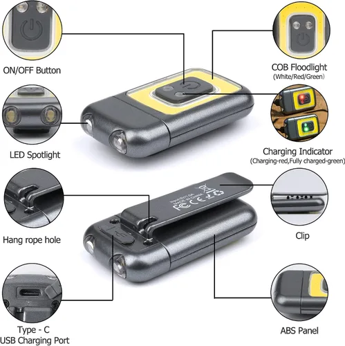 Vista 6 de Molrebe - Luces de correr recargables con clip para corredores, paquete de 5 modos, clip ancho, luz roja y verde, carga USB, indicador de carga