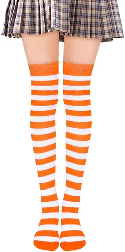 Vista 6 de Benefeet Sox Medias altas hasta el muslo a rayas por encima de la rodilla, calcetines de tubo con rayas de colores para cosplay, Halloween, fiesta