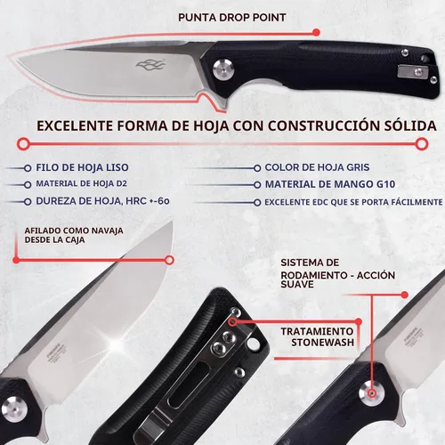 Vista 5 de Firebird GANZO FH91-BK Cuchillo plegable de bolsillo con rodamiento de bolas, hoja de acero D2, mango ergonómico G10 antideslizante con clip Negro