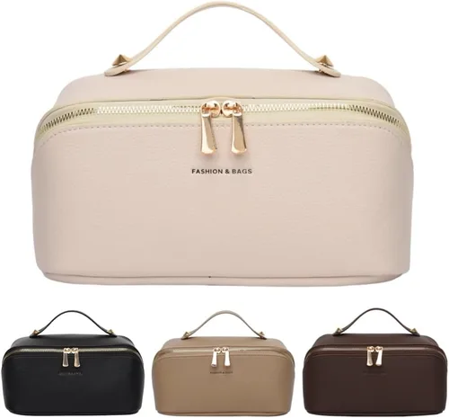 Vista 14 de Bolsas de maquillaje a cuadros de gran capacidad, bolsas de cosméticos portátiles de viaje, bolsa de aseo abierta y plana para mujeres y niñas