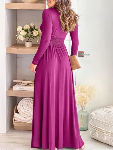 Vista 4 de ANRABESS - Vestido largo de manga corta con cuello en V profundo para mujer, plisado, cintura alta, abertura lateral, para club, fiesta y noche