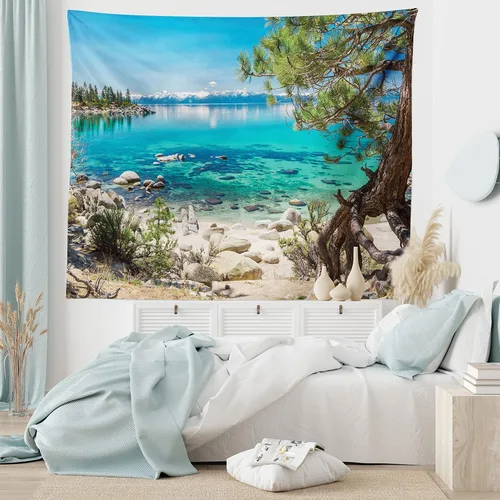 Vista 5 de Ambesonne Tapiz de naturaleza, reflejo de montaña nevada del lago Tahoe, vista de la costa rocosa de agua clara, decoración de tela para colgar