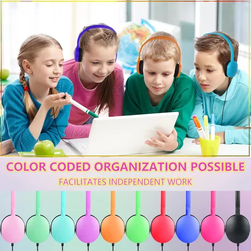 Vista 4 de Paquete de 10 audífonos para niños, para escuela, aula, estudiantes, niños, adolescentes y adultos (colores mixtos) Wholesale Wired On Ear