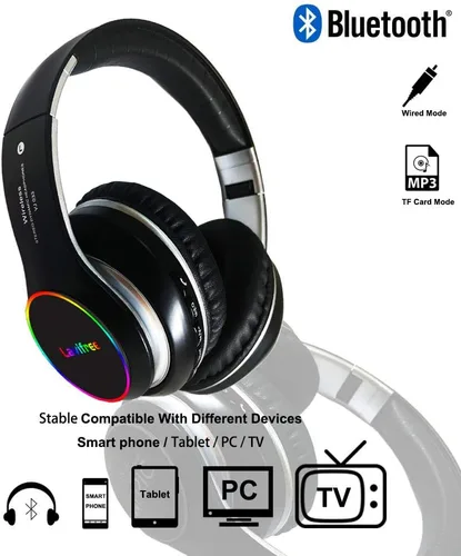 Vista 2 de Auriculares Bluetooth, inalámbricos/con cable, estéreo de bajos de alta fidelidad, micrófono integrado, luz LED, plegable, micro SD/TF, FM
