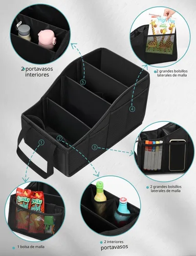 Vista 4 de YOHOOLYO Organizador de Asiento de Coche Organizador de Asiento Trasero de Coche con 4 Compartimentos, 4 Portavasos y 7 Bolsillos de Malla para Negro