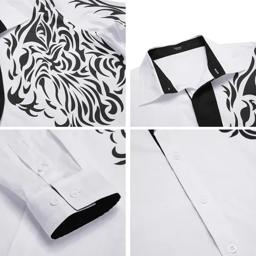 Vista 5 de COOFANDY Camisa de vestir con botones y estampado para hombre, camisas casuales de manga larga 02-blanco (Tiger)