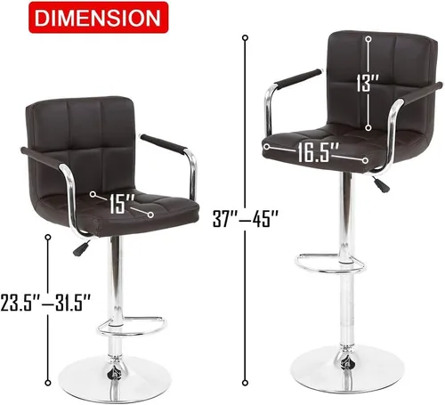 Vista 3 de Juego de 2 taburetes de bar de piel sintética con brazos y respaldo, taburetes giratorios de altura de mostrador, taburetes de bar ajustables, silla