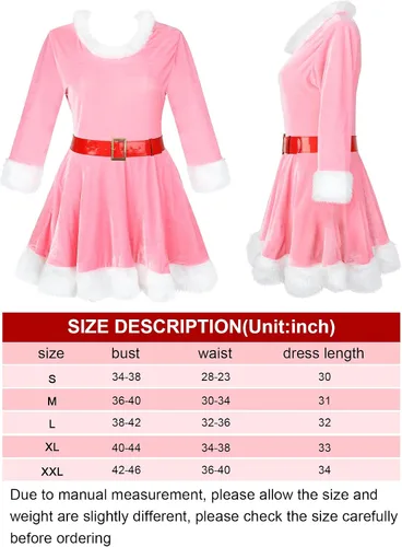 Vista 2 de Geyoga Pink Christmas Elf Costume Set Women Velvet Dress with Belt Women's Xmas Striped Tights Christmas Hat Set Cosplay