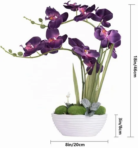 Vista 7 de Planta de orquídea artificial grande en maceta, arreglo floral de seda con jarrón de cerámica, morado oscuro