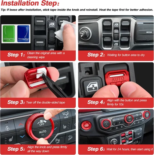 Vista 6 de para Jeep Wrangler JL JLU 2018-2026 y accesorios Gladiator JT 2020-2026, juego de 10 pomos de aluminio y cubierta de botón para interruptor de Rojo