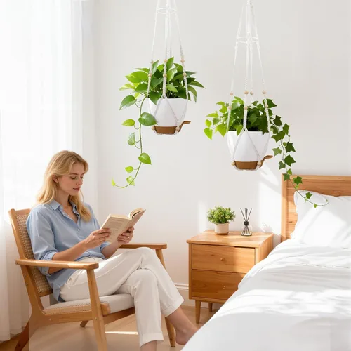 Vista 2 de Macetas colgantes para plantas de interior: paquete de 2 perchas de macramé con luces de cultivo y macetas de riego automático, macetas colgantes