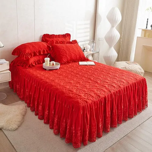 Vista 9 de Colcha acolchada de algodón brocado con patrón de flores, falda de cama con volantes, tamaño Queen, beige