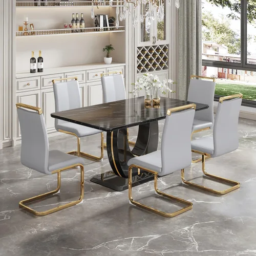 Vista 12 de JUFU Moderno juego de mesa de cocina y comedor, mesa rectangular con parte superior de mármol sintético, 63 pulgadas, color negro, 4 sillas