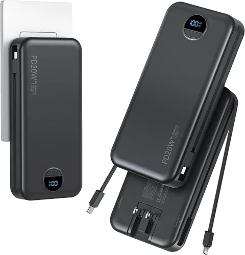 Vista 16 de Banco de poder aonidi de 12000mAh ultraportátil con cables y enchufe de pared AC incorporados, paquete de batería para teléfono celular con carga