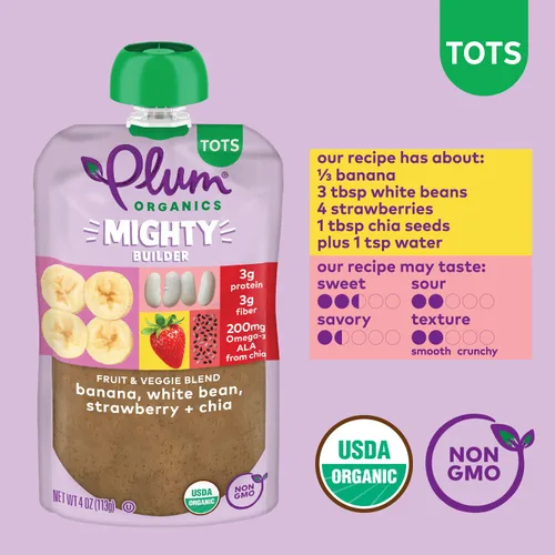 Vista 3 de Plum Organics Mighty Builder Alimento Orgánico para Niños Pequeños - Plátano, Frijol Blanco, Fresa y Chía - Bolsa de 4 oz (Paquete de 12) – Bolsa