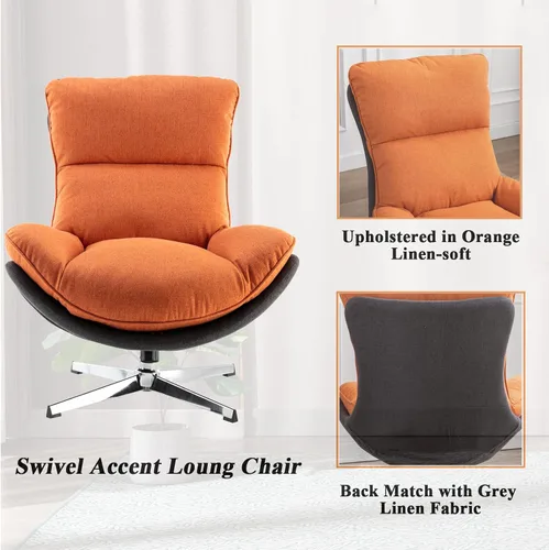 Vista 4 de DUOMAY Silla giratoria moderna de lino suave con base cromada, 34 pulgadas de ancho, silla mecedora para sala de estar, dormitorio, sala de lectura