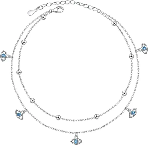 Vista 7 de Tobillera para mujer de plata de ley S925 estilo playa con capas ajustable, pulsera de tobillo con disco, ojo turco, corazón, infinito, cuenta