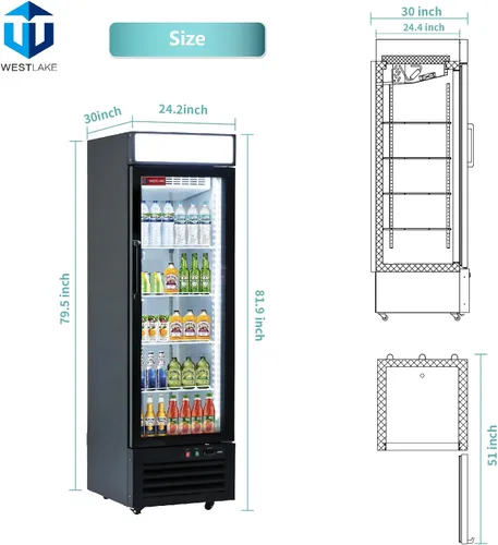 Vista 3 de WESTLAKE Refrigerador de mercadería comercial de 24" de ancho con puerta de vidrio única de acceso directo vertical con puerta de vidrio, ventilador