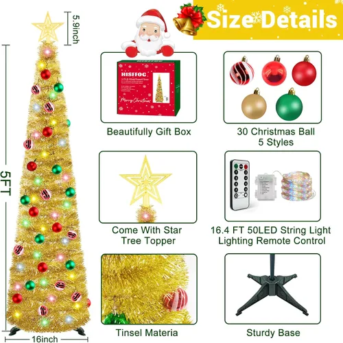 Vista 3 de HISFFOG Árbol de Navidad de Oropel Emergente Preiluminado de 5 Pies con 8 Modos de Ajuste de Luz, 50 Luces de Colores con Control Remoto, Operado
