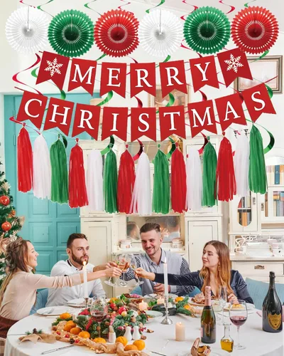 Vista 5 de Juego de decoraciones para fiesta de Navidad – Letrero de Feliz Navidad, guirnalda de borlas rojas, verdes y blancas, abanicos de papel y adornos