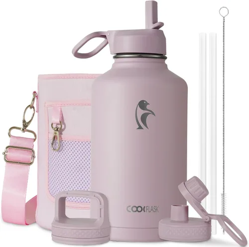 Vista 18 de Coolflask Botella de agua de 24 onzas aislada con pajilla, 3 tapas de metal de acero inoxidable, botella de agua de boca ancha para deportes u