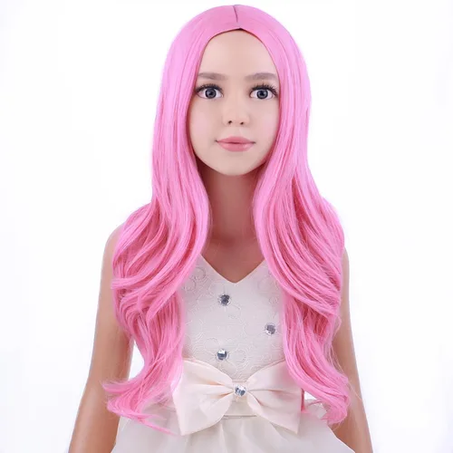 Vista 2 de Peluca larga ondulada rosa para niños, peluca larga y ondulada rosa para niñas, pelucas sintéticas largas con gorra de peluca