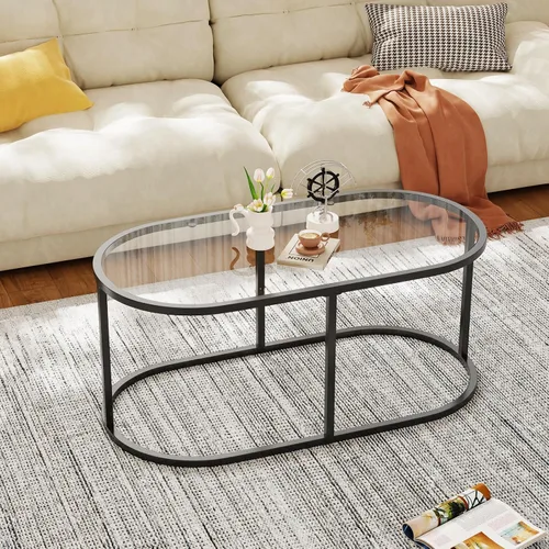 Vista 8 de Mesa de café Wolawu Mesas de café de vidrio negro para sala de estar, mesa de centro ovalada con marco de metal resistente, mesas de acento modernas