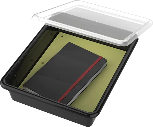 Vista 7 de Storex Bandeja de almacenamiento plana tamaño carta, contenedor organizador con tapa sin broches para aula, oficina y hogar, negro, paquete de 5