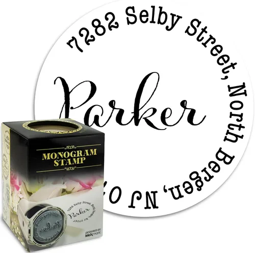 Vista 10 de Sello autoentintado con monograma personalizado, regalo perfecto para las fiestas en una elegante caja de regalo. Elige entre 15 colores de tinta