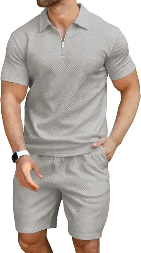 Vista 2 de KUYIGO Conjunto de camisa polo y pantalones cortos para hombre, trajes de verano a la moda, casual, manga corta, traje de polo para hombre, 2