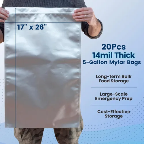 Vista 3 de Bolsas de Mylar de 5 galones para almacenamiento de alimentos con cremallera, 20 unidades de 0.551 in extra gruesas para almacenamiento a largo