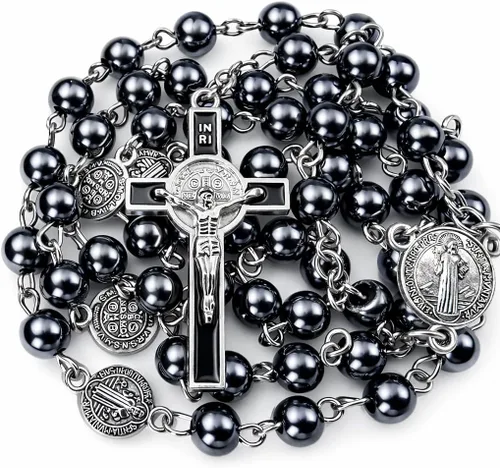 Vista 4 de TALISMAN4U Collar con rosario católico, cuentas de hematita negra, medalla de San Benito y caja de regalo de cruz, Hematita