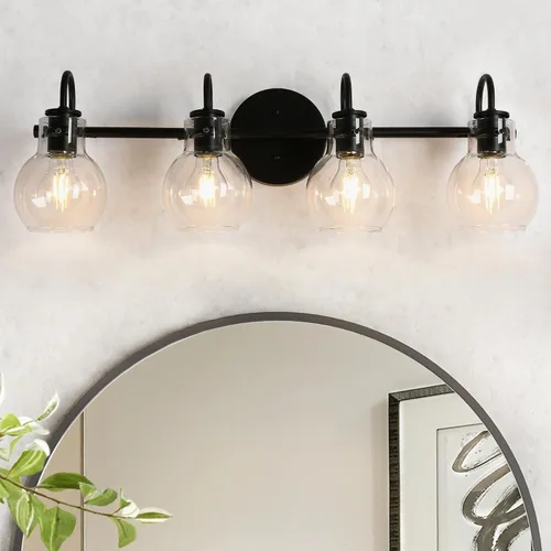 Vista 13 de KSANA Lámpara de tocador de baño, 4 luces de 28.5 pulgadas, grandes lámparas de baño doradas, modernas luces de tocador para baño con pantallas