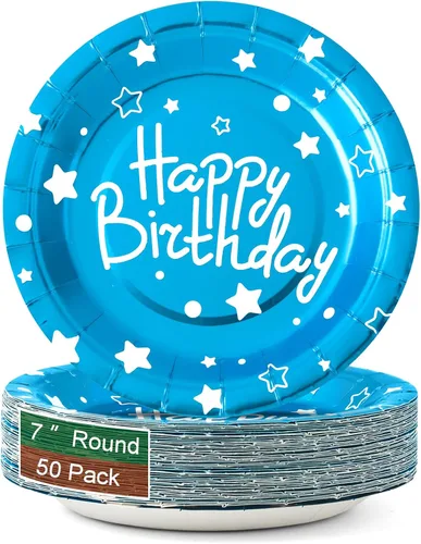 Vista 8 de Platos de papel de fiesta de feliz cumpleaños, platos de postre negros, 7 pulgadas, 50 unidades, lunares de aluminio para decoraciones de fiesta