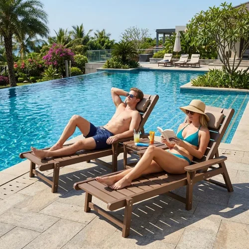 Vista 10 de Chaise Lounge, madera de polietileno, silla de salón al aire libre con respaldo ajustable, resistente a la intemperie, impermeable, a prueba
