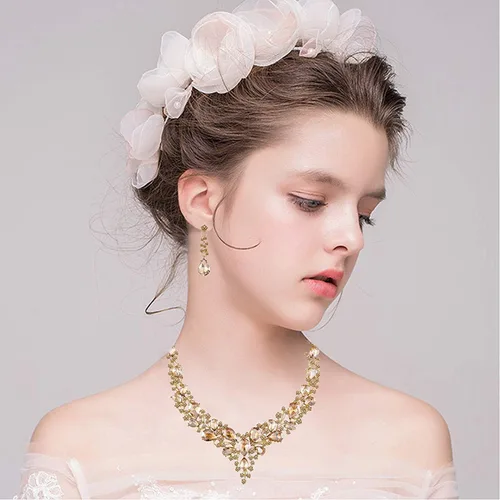 Vista 2 de Paxuan - Collar de plata con cristales de imitación para boda aretes brazalete corona tiara juegos de joyería para novias damas de honor vestidos