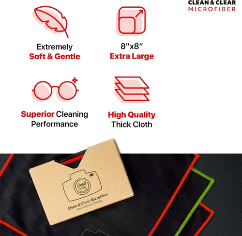 Vista 4 de 9 paños grandes de fibra Clean & Clear, alta calidad, para limpiar lentes de cámara, anteojos, pantallas y todo tipo de lentes , Paquete de 4